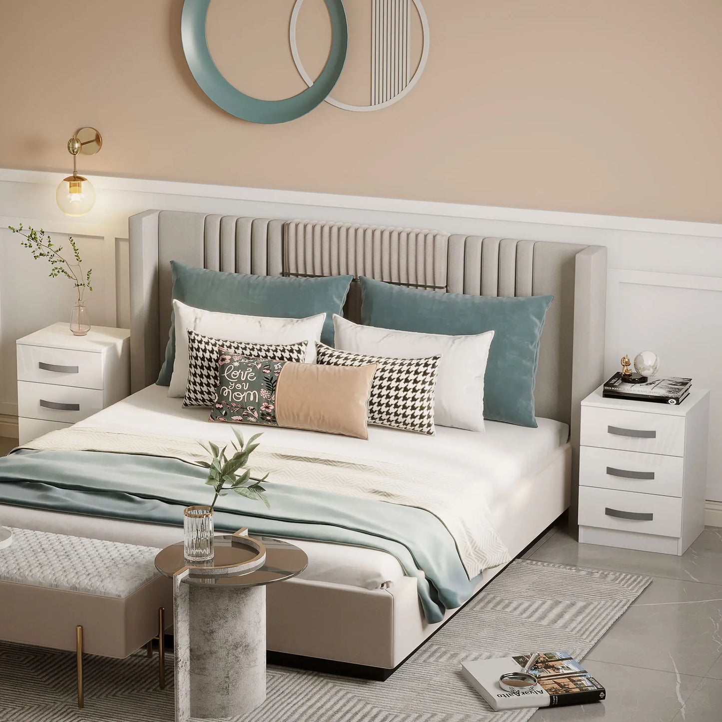 Modern Nightstand Set of 2, 3 Drawer Bedside Tables, White