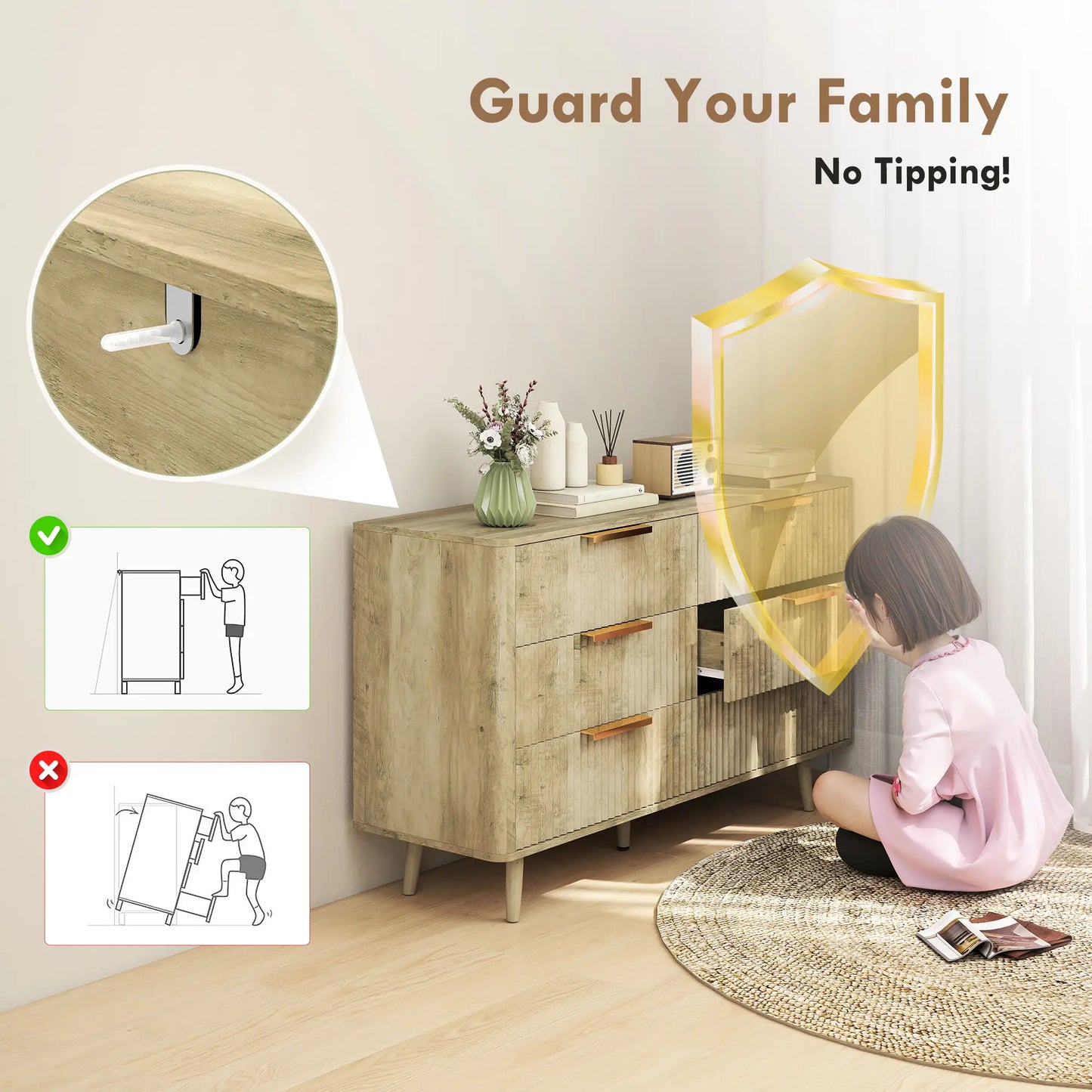 Fluted Chest of Drawers, 6 Drawer Dresser with Pine Wood Legs, Oak Storage Cabinets at Gallery Canada