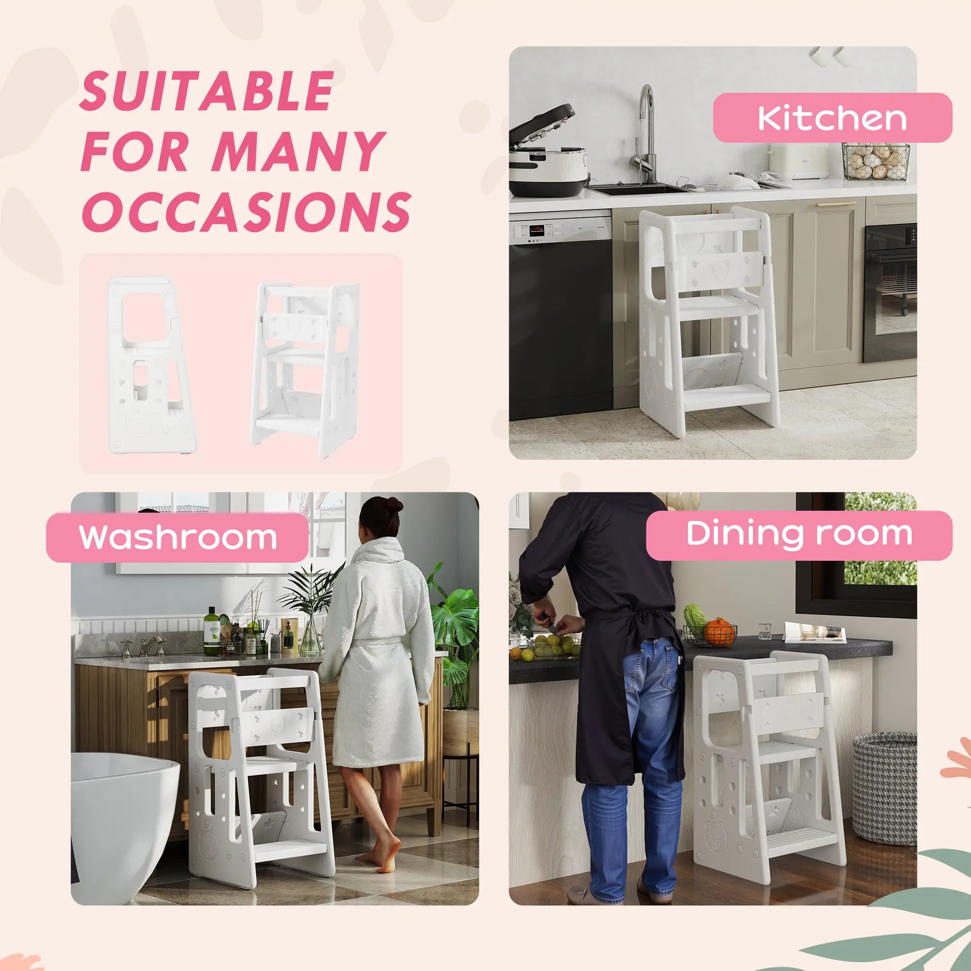 Toddler Kitchen Helper, 2 Step Stool, Adjustable Height, Safety Rail, White Toddler & Kids Step Stools at Gallery Canada