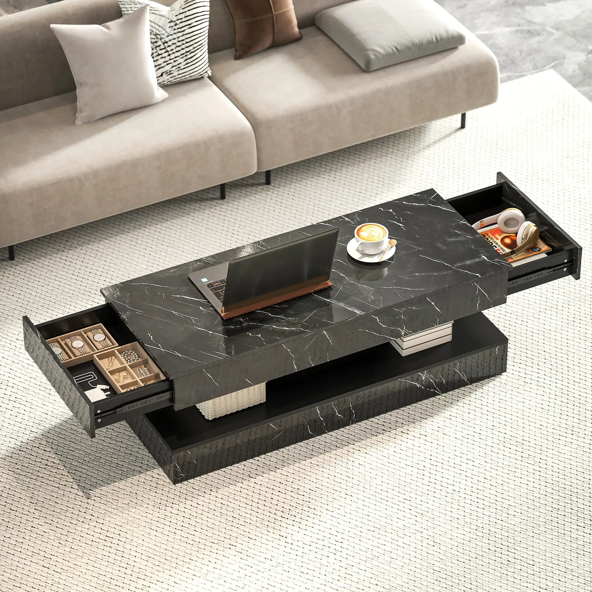 Adjustable LED Coffee Table, 2 Drawers, Open Shelf, Remote, High Gloss Black Coffee Tables at Gallery Canada