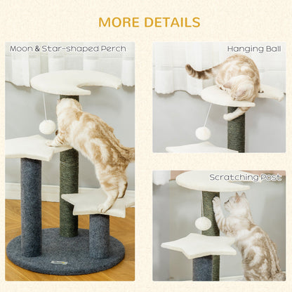 30" Cat Tree Kitty Activity Center Climbing Toy Rest Pet Furniture with Sisal Scratching Post Moon Star Shaped Perch Hanging Ball Grey, White at Gallery Canada
