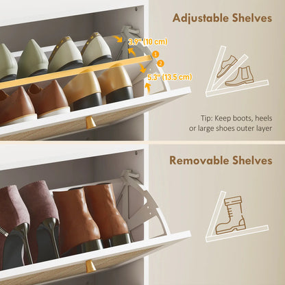 Rattan Shoe Storage Cabinet, 3 Flip Drawers, Adjustable Shelves, 18 Pairs, White