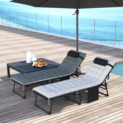 Outdoor Folding Lounge Chair Set, 2 Pack, Black/Grey
