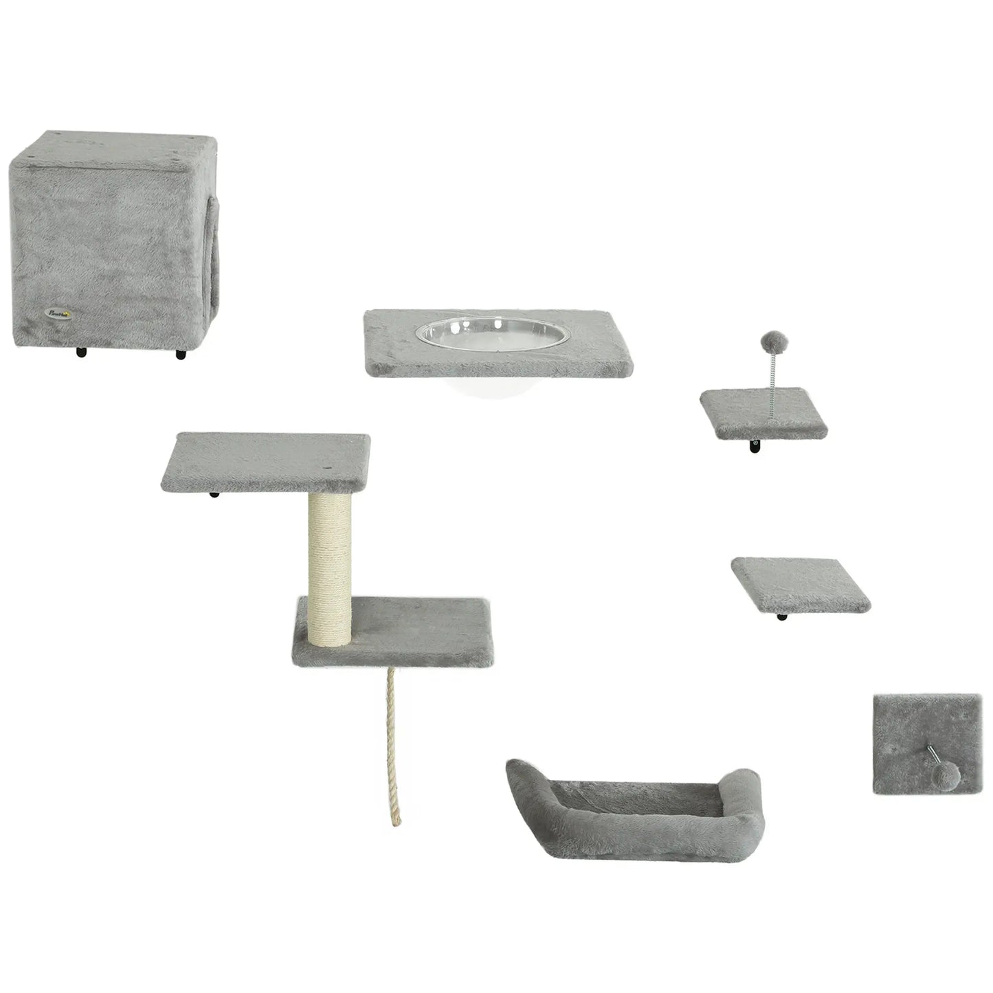 Cat Wall Shelves Set of 7, Perches with House, Sisal Ladder, Bed, Grey Cat Climbing Wall Grey, Cream at Gallery Canada