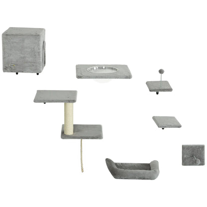 Cat Wall Shelves Set of 7, Perches with House, Sisal Ladder, Bed, Grey Cat Climbing Wall Grey, Cream at Gallery Canada
