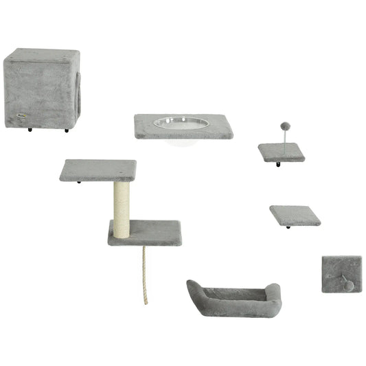 Cat Wall Shelves Set of 7, Perches with House, Sisal Ladder, Bed, Grey Cat Climbing Wall Grey, Cream at Gallery Canada