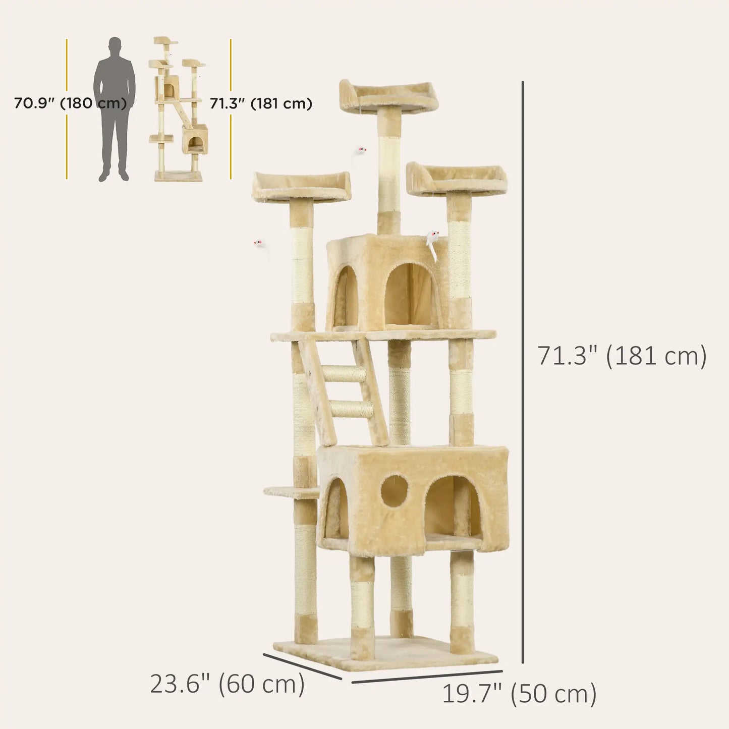 71-Inch Multi Level Cat Scratching Tree, Kitty Condo with Toys, Beige Cat Towers at Gallery Canada