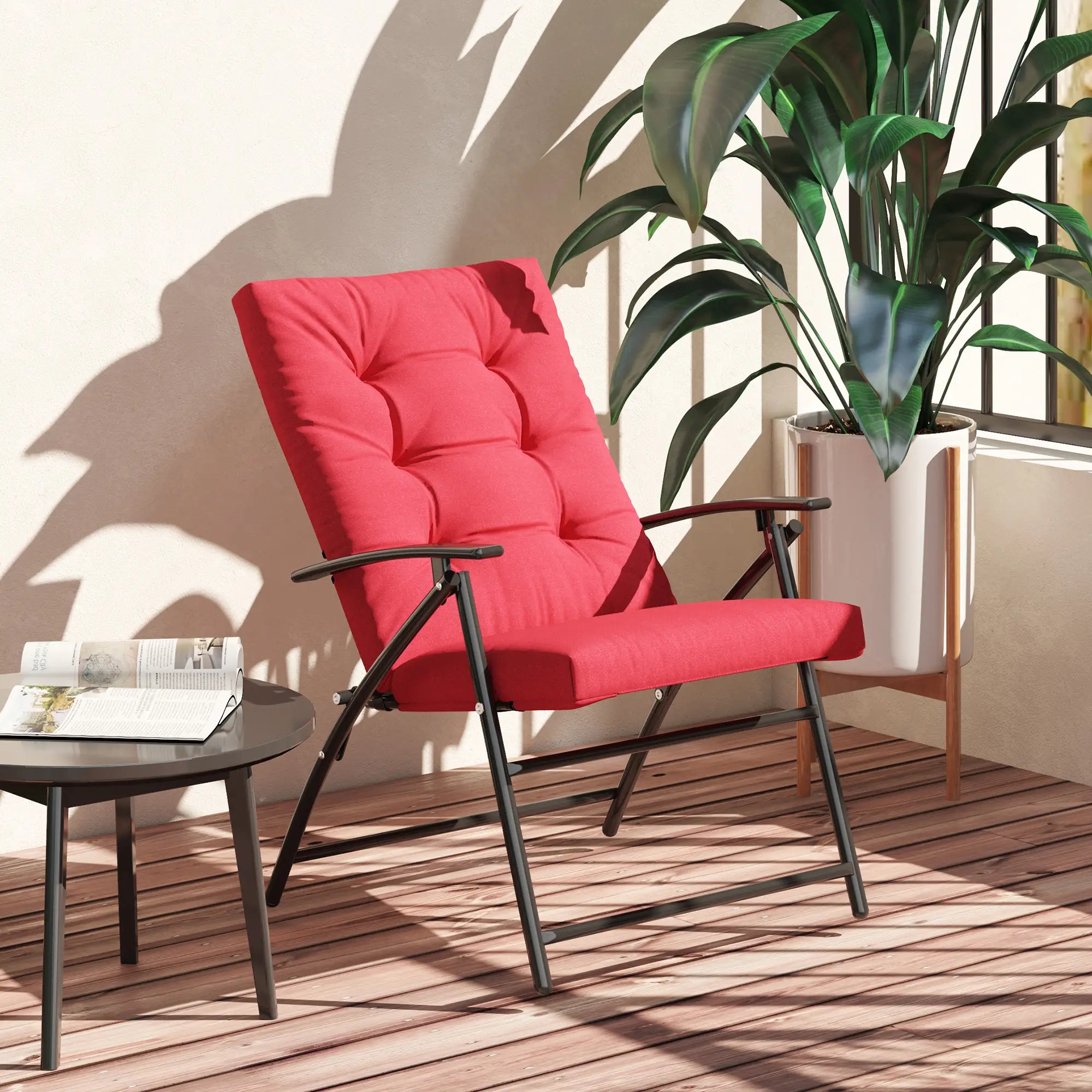 Foldable Lounge Chair, Fabric Recliner, Outdoor Lounger with Armrest, Metal Frame, Red Patio Chairs at Gallery Canada