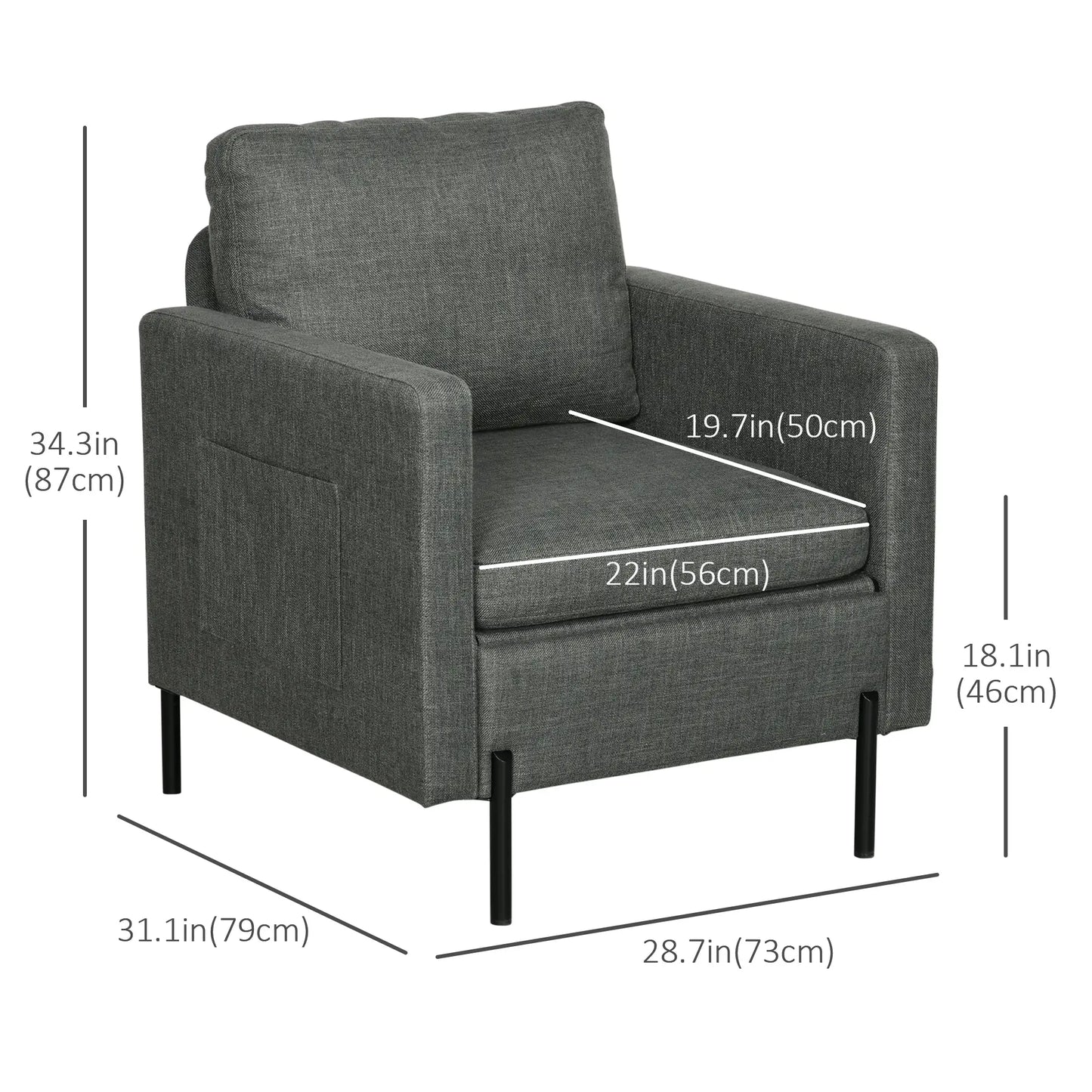 Modern Fabric Accent Armchair, Metal Legs, 2 Side Pockets, Grey Accent Chairs at Gallery Canada