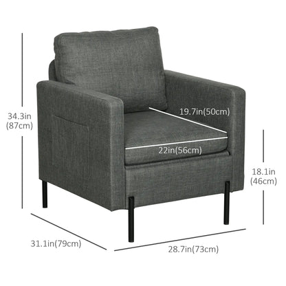 Modern Fabric Accent Armchair, Metal Legs, 2 Side Pockets, Grey Accent Chairs at Gallery Canada