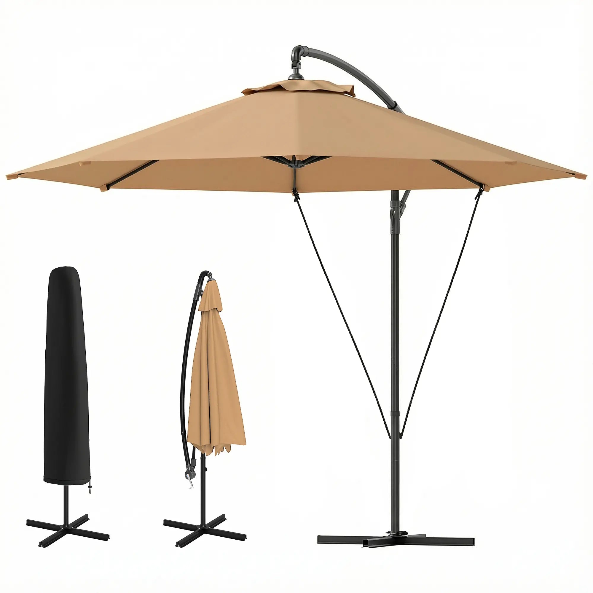 9.5' Cantilever Umbrella With Wind Strap, Cover, Crank, Cross Base, Khaki Offset Cantilever Umbrellas Khaki at Gallery Canada