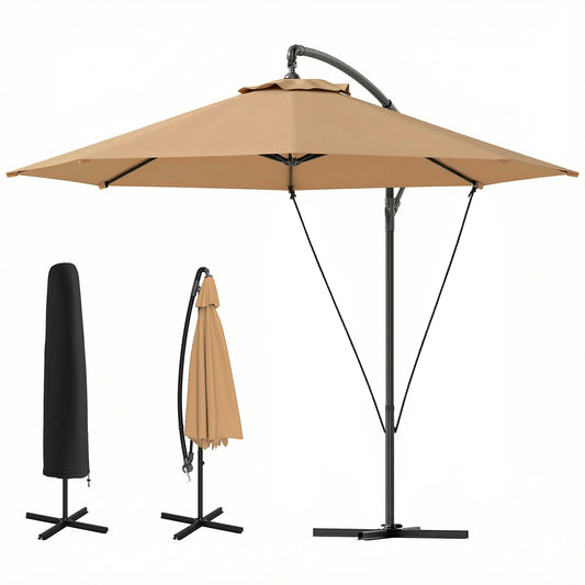 9.5' Cantilever Umbrella With Wind Strap, Cover, Crank, Cross Base, Khaki Offset Cantilever Umbrellas Khaki at Gallery Canada