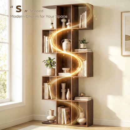 5-Tier S Shaped Geometric Bookshelf, 15 Compartments, Black Wood Grain, Black Display Bookshelves at Gallery Canada