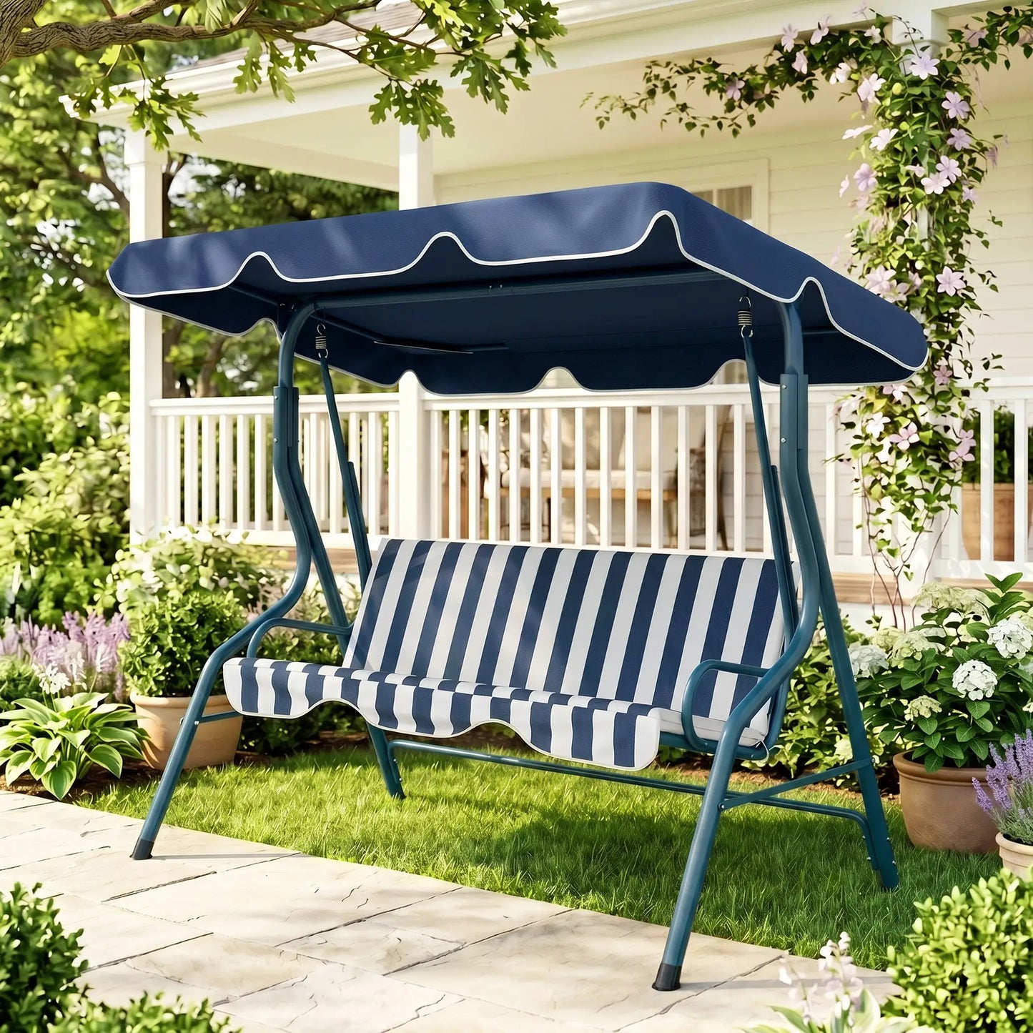 Outdoor Porch Swing, Adjustable Canopy, 3-Seater with Cushion, Blue Patio Swings with Stand at Gallery Canada