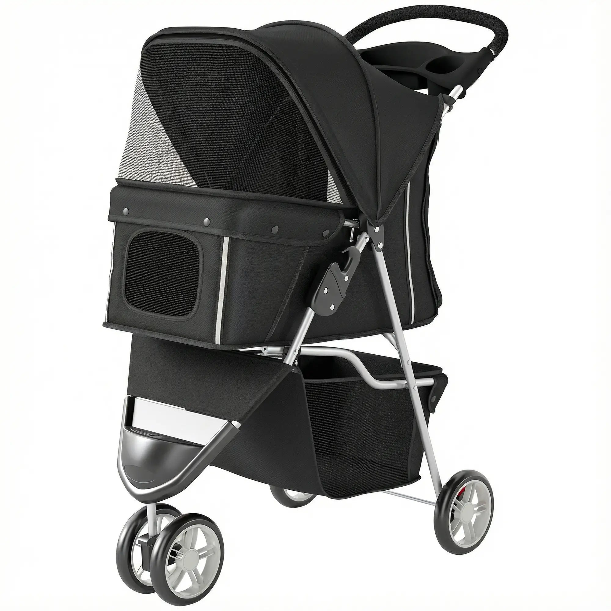 3 Wheel Foldable Dog Stroller, Storage Basket, Adjustable Canopy, Black Dog Bike Trailers & Strollers Black at Gallery Canada
