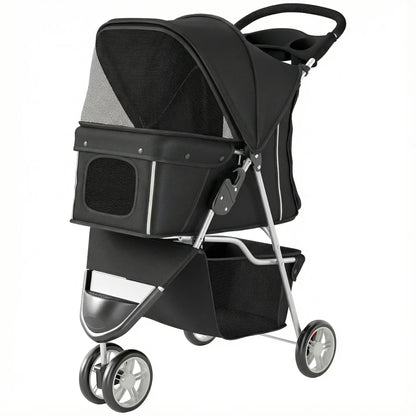3 Wheel Foldable Dog Stroller, Storage Basket, Adjustable Canopy, Black Dog Bike Trailers & Strollers Black at Gallery Canada