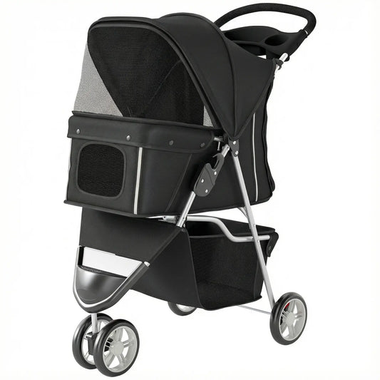 3 Wheel Foldable Dog Stroller, Storage Basket, Adjustable Canopy, Black Dog Bike Trailers & Strollers Black at Gallery Canada