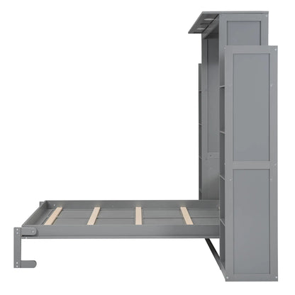 Murphy Bed with Shelves, LED Lights, Space-Saving Wall Bed, 91" L x 81" W x 84" H, Grey Bed Frames at Gallery Canada