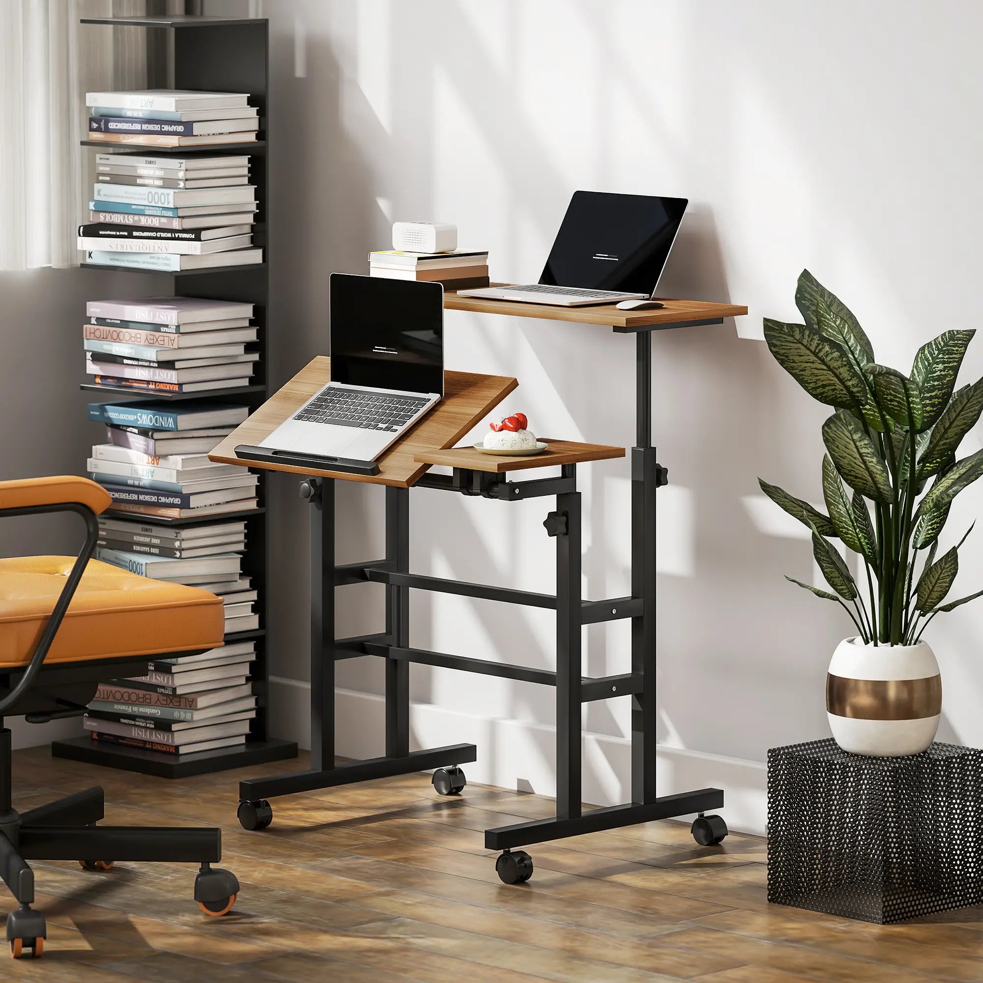 Mobile Stand Up Desk, Height Angle Adjustable, Wheels, Brown Computer Desks at Gallery Canada