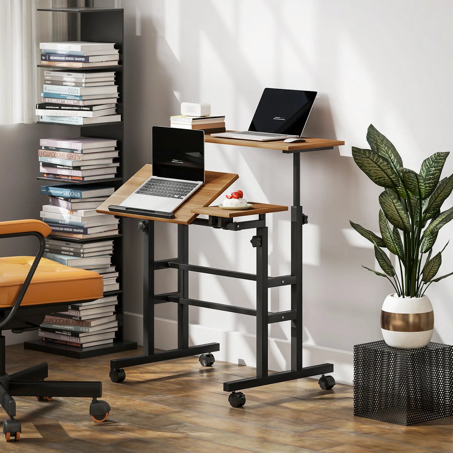 Mobile Stand Up Desk, Height Angle Adjustable, Wheels, Brown Computer Desks at Gallery Canada