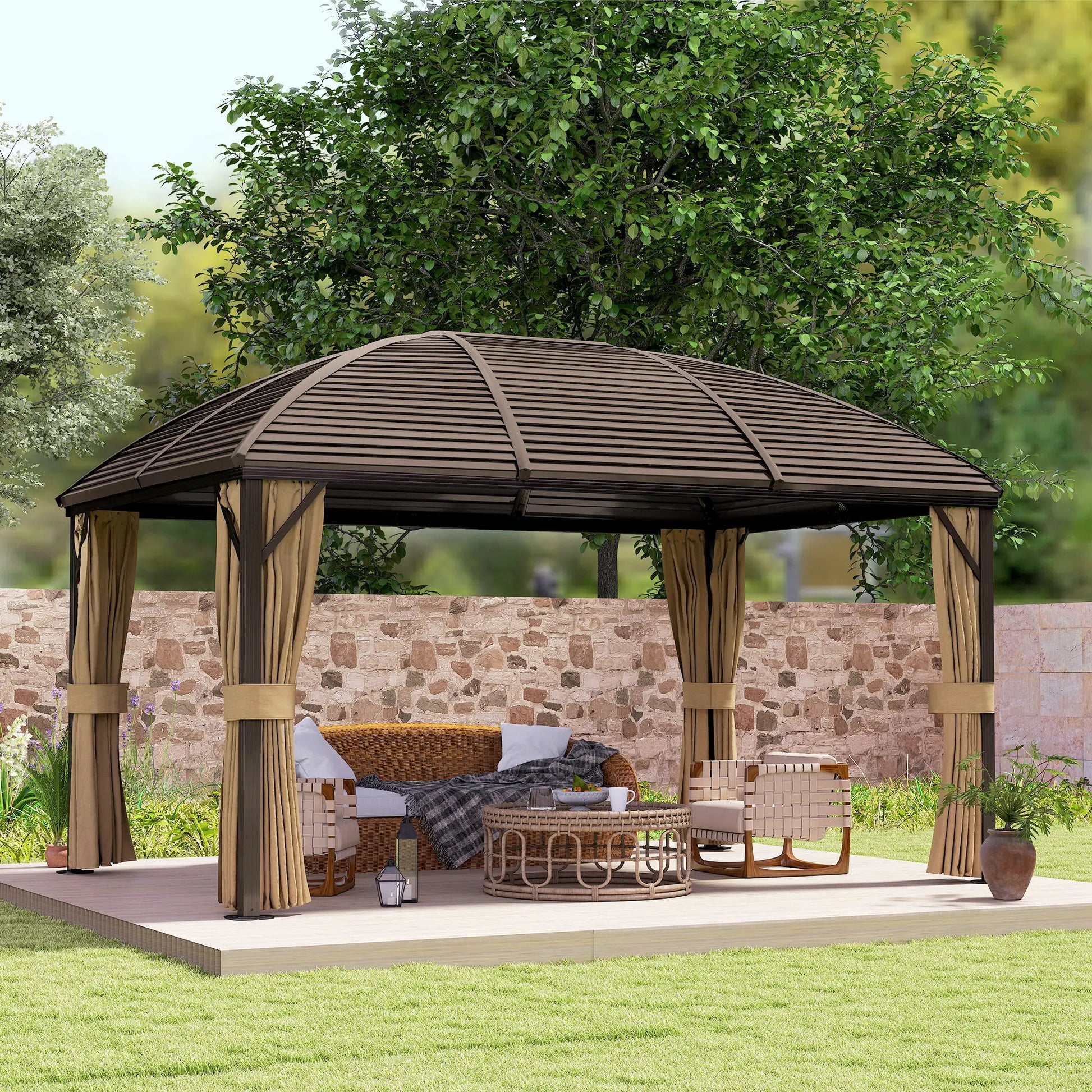 10' x 13' Hardtop Gazebo, Aluminum Canopy, Mesh Nettings, Curtains, Brown Gazebos at Gallery Canada
