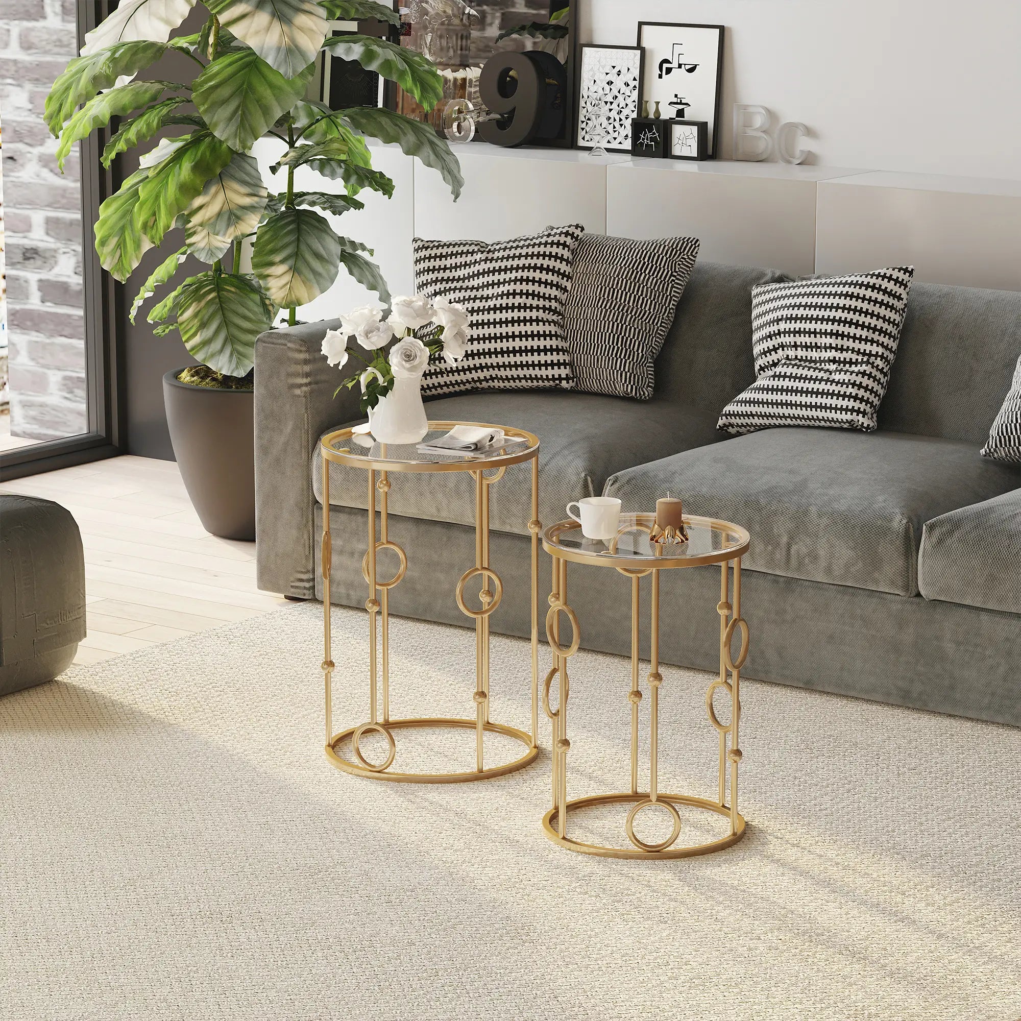 Round Coffee Tables Set of 2, Tempered Glass Top, Steel Frame, Gold Coffee Tables at Gallery Canada