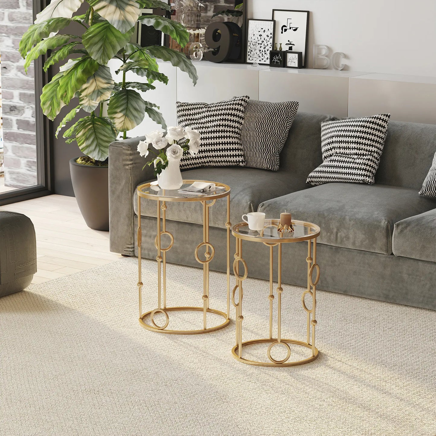 Round Coffee Tables Set of 2, Tempered Glass Top, Steel Frame, Gold Coffee Tables at Gallery Canada