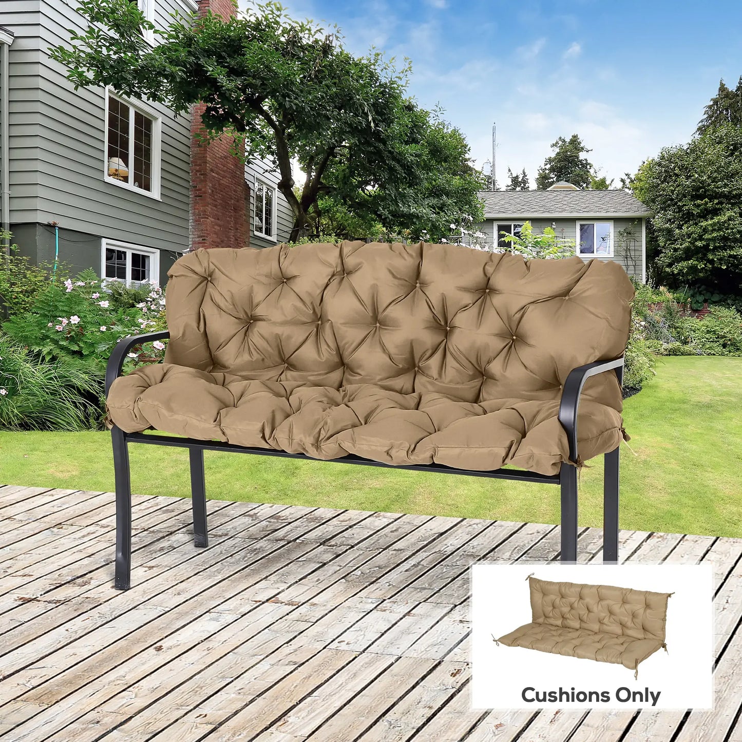 Porch Swing Cushion, Garden Bench Cushion with Backrest, Non-Slip 3-Seater, 59.1" x 38.6", Khaki Patio Chair Cushions at Gallery Canada