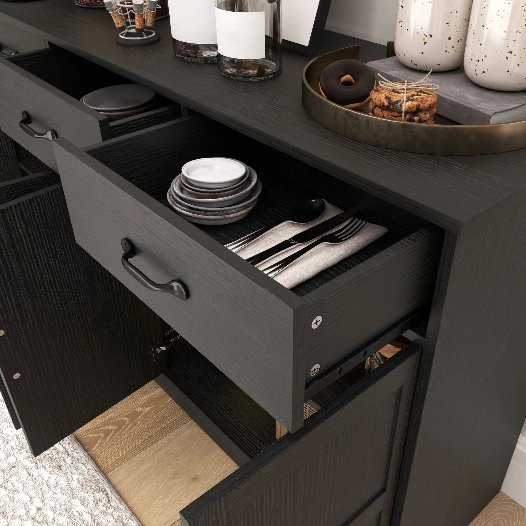 Modern Sideboard Buffet Cabinet, 3 Drawers, Adjustable Shelves, Distressed Black, Black Bar Cabinets at Gallery Canada