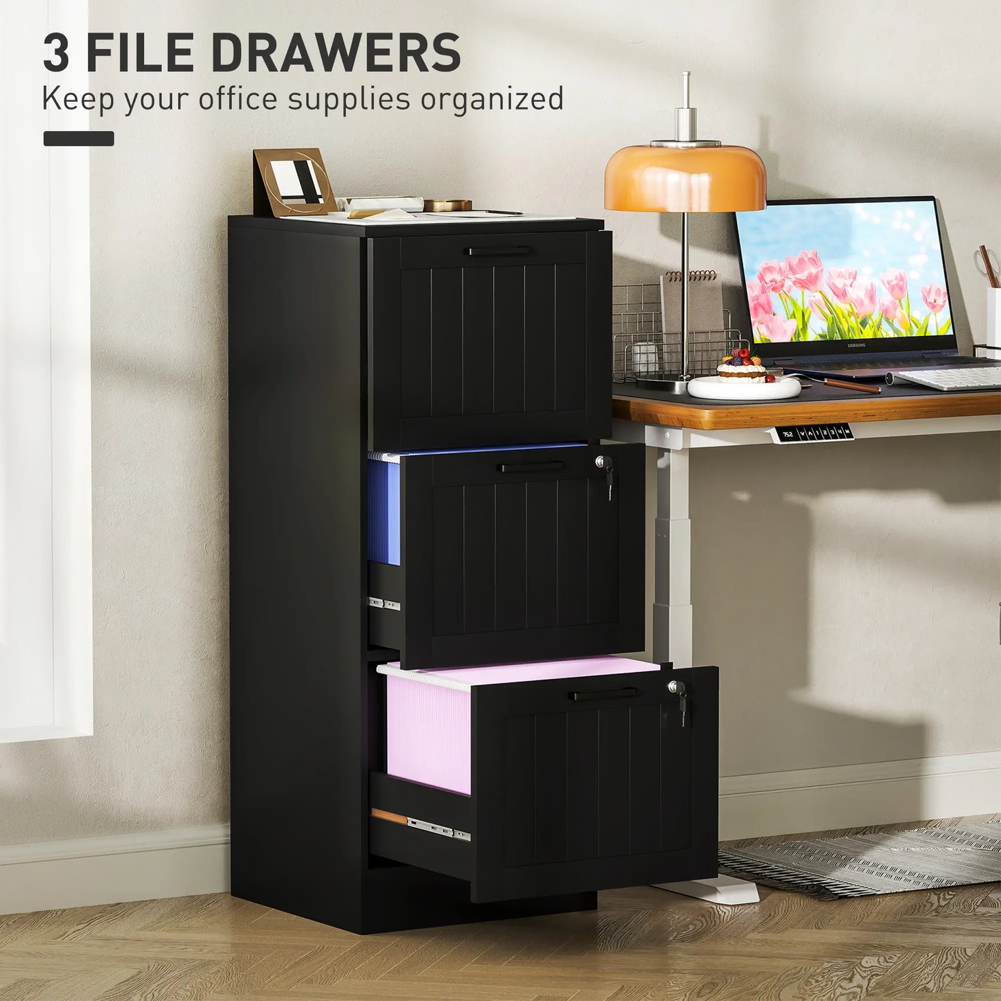 3 Drawer Filing Cabinet with Lock, Adjustable Hanging Bars, Black Office Cabinets & Cupboards at Gallery Canada