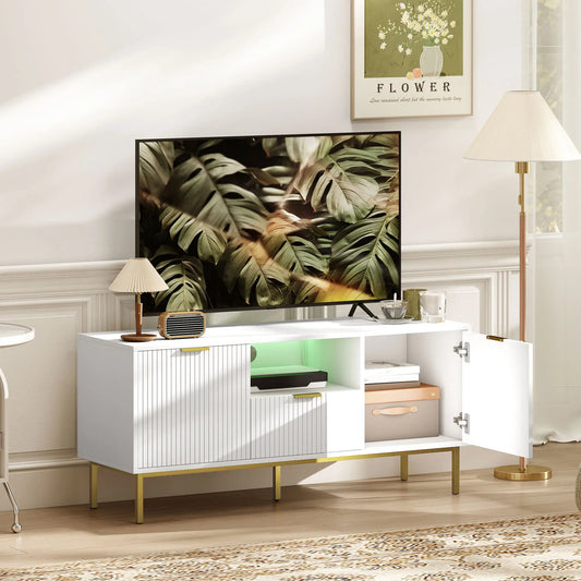 TV Console For 40 Inch TVs, Entertainment Center With RGB LED Lights, White TV Stands Gold, White at Gallery Canada