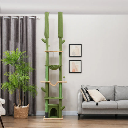 89"-100" Cat Tree Tower for Large Cats, Scratching Posts, Grooming Brush, Green Floor to Ceiling Cat Trees at Gallery Canada