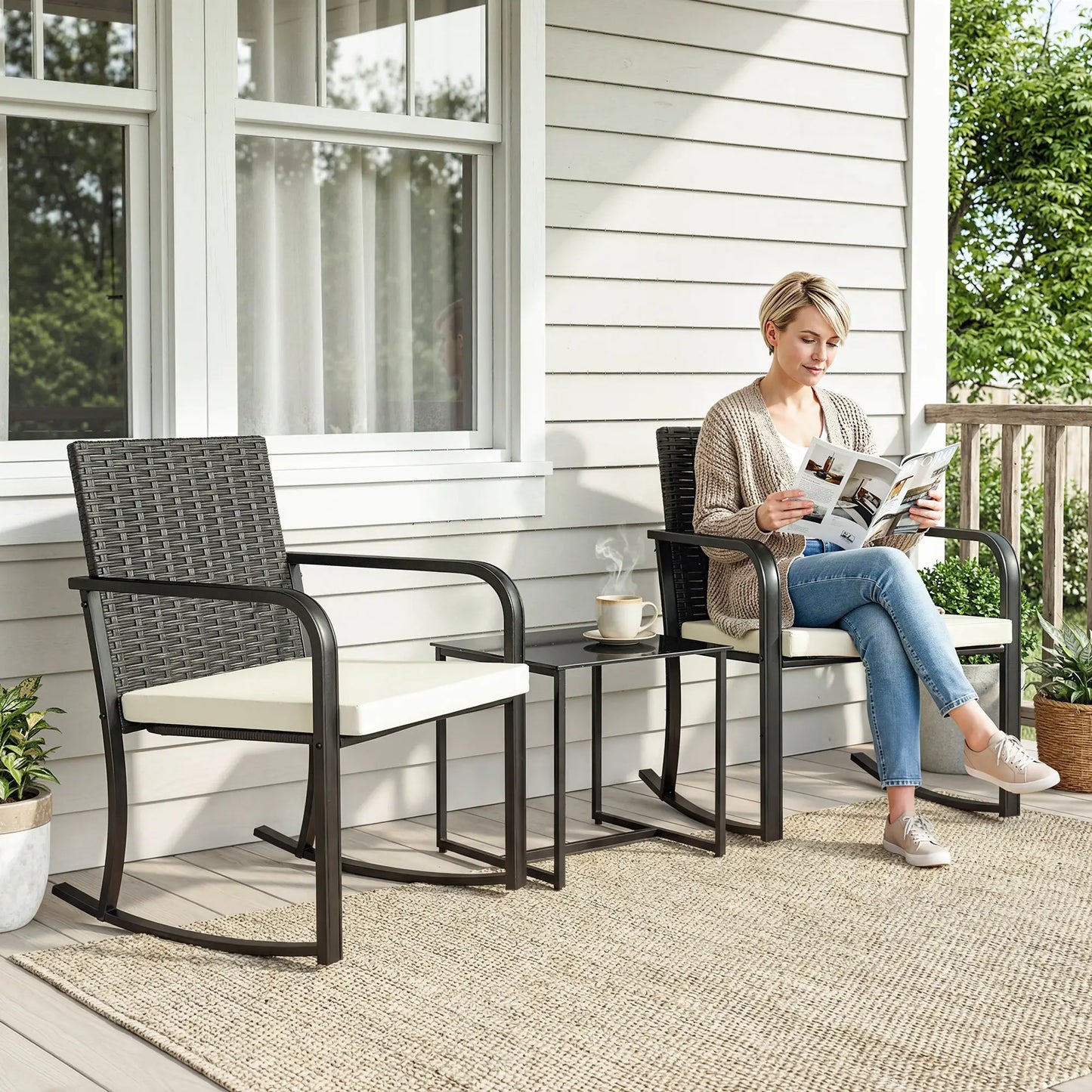 3 Piece Rocking Bistro Set, Glass Coffee Table, Cream White Bistro Sets at Gallery Canada