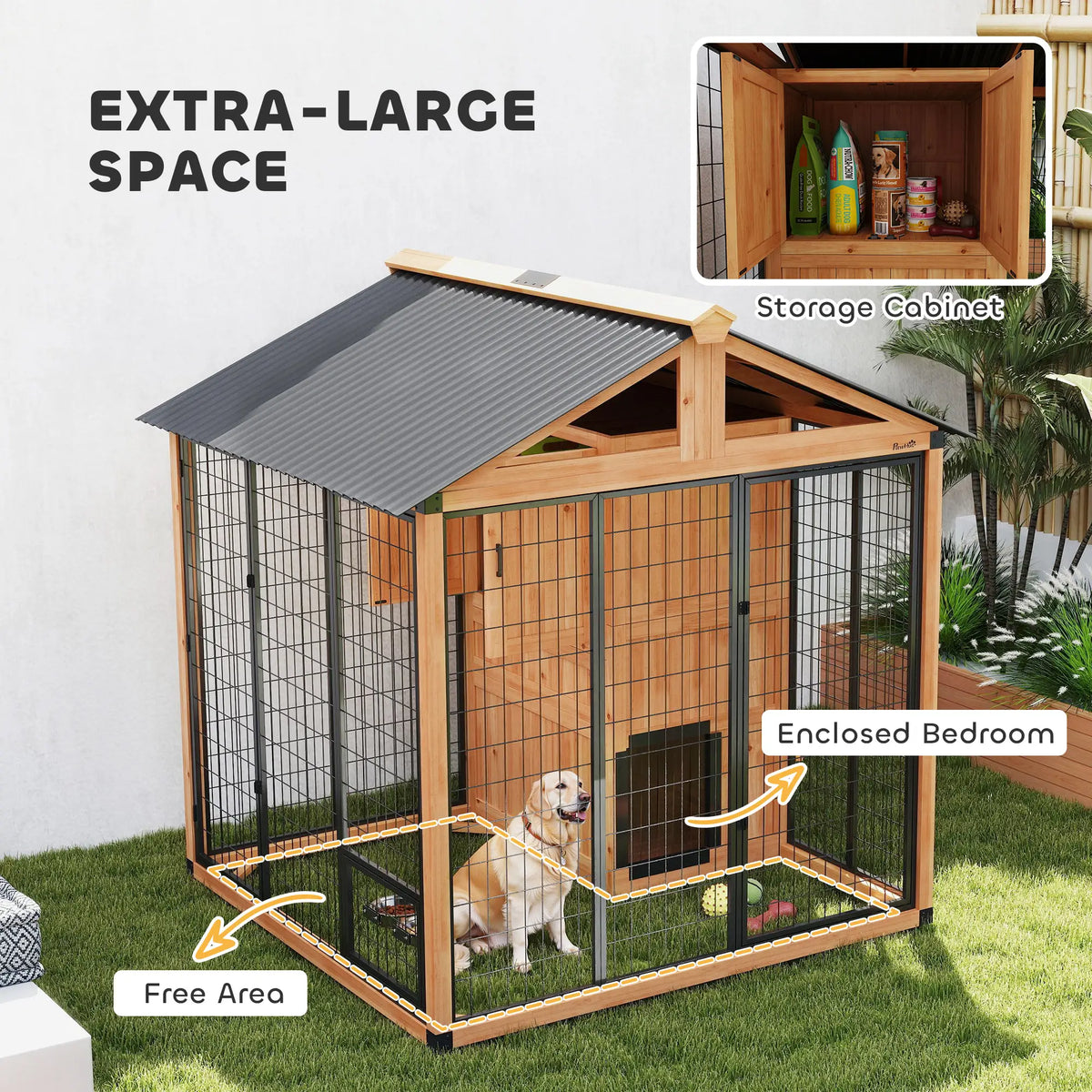 86" L Wooden Dog Kennel With Storage Cabinet, Stainless Steel Bowls, Yellow Dog Cages & Crates at Gallery Canada