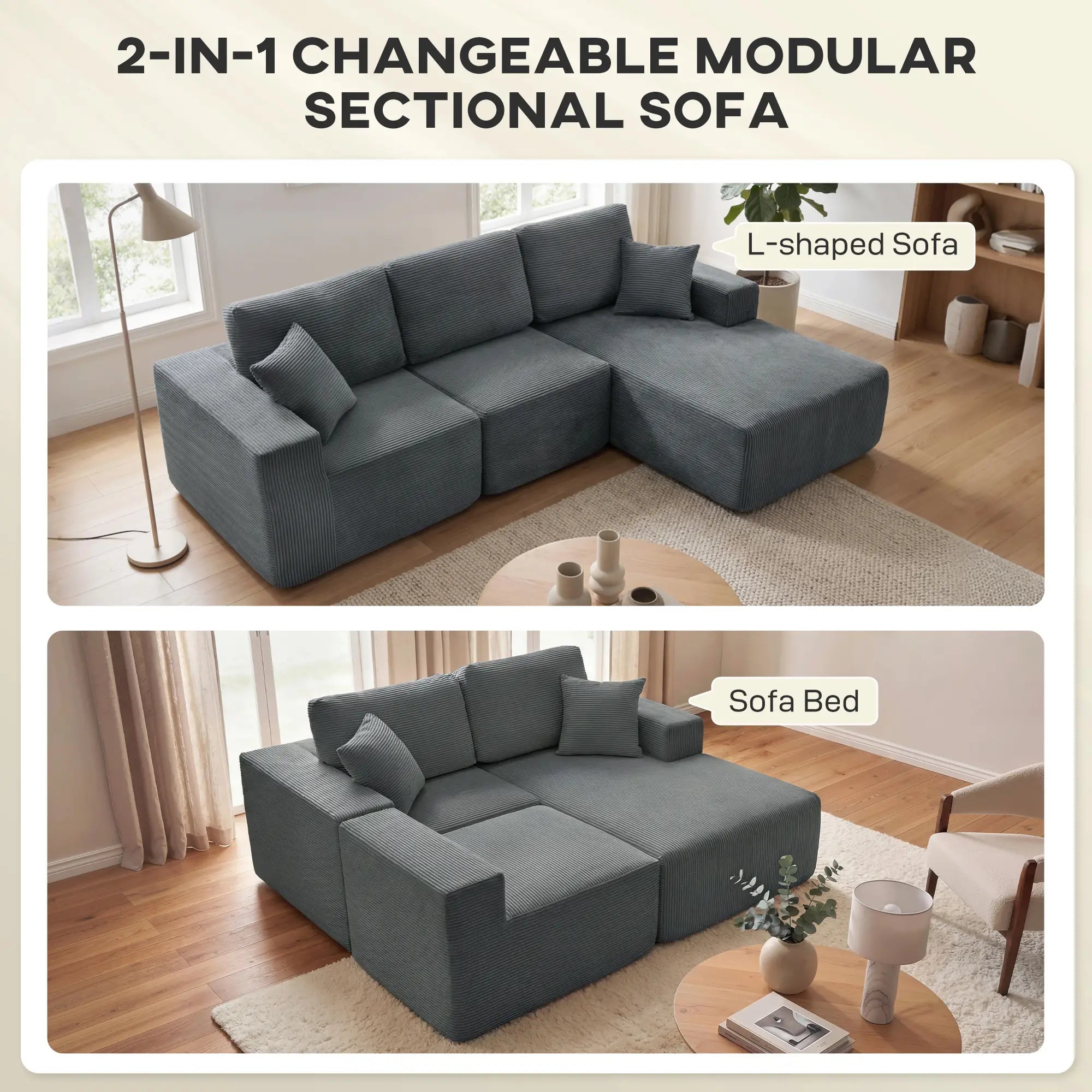 Modular Sectional Sofa Bed, L Shaped Couch, Dark Grey 3-Seater Sofas at Gallery Canada