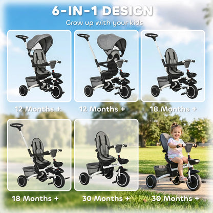 6-in-1 Toddler Tricycle, Adjustable Seat, Push Handle, Grey Tricycles for Kids at Gallery Canada