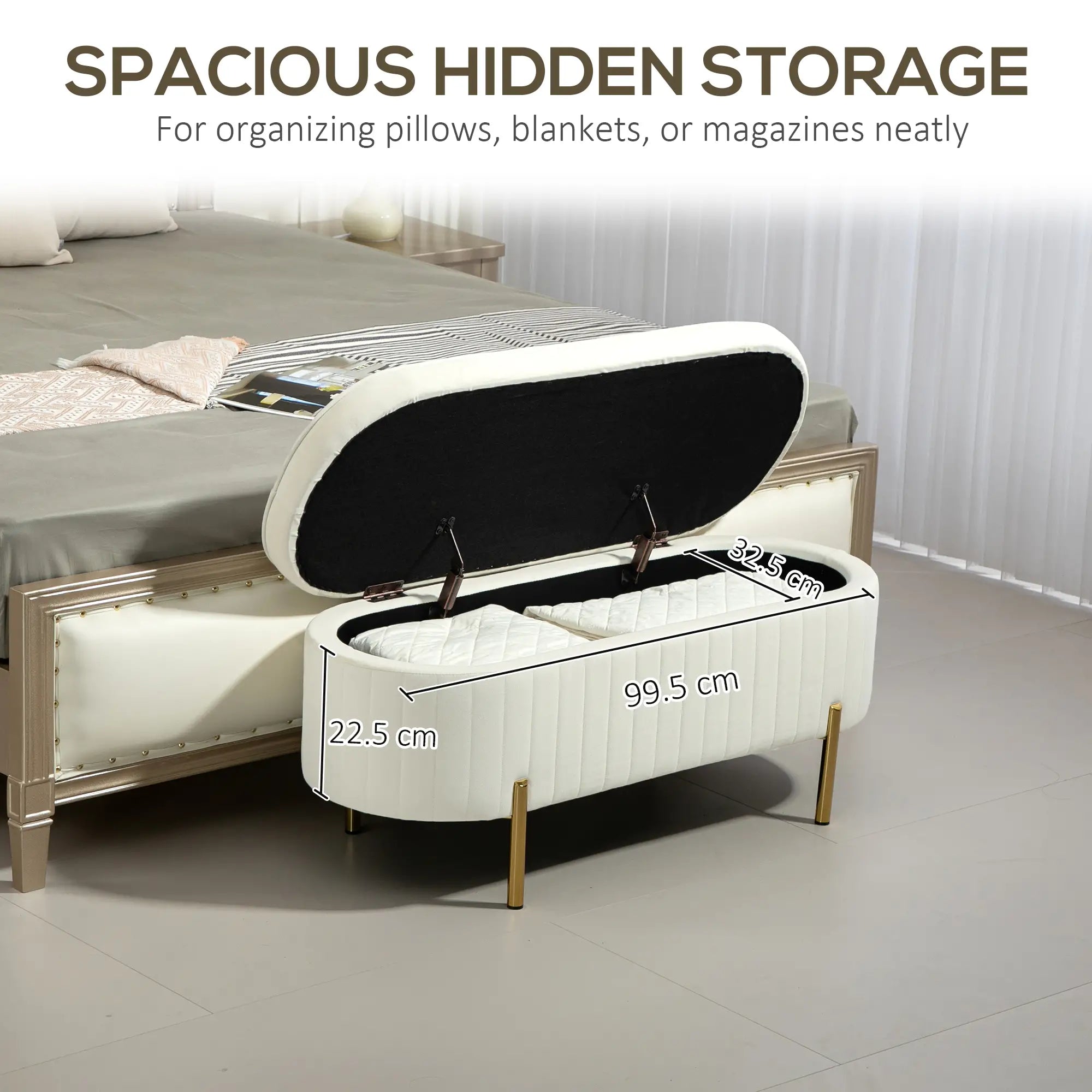 Upholstered Channel Tufted Ottoman Bench, Thick Padding, Metal Legs, Cream White Storage Ottomans & Benches at Gallery Canada