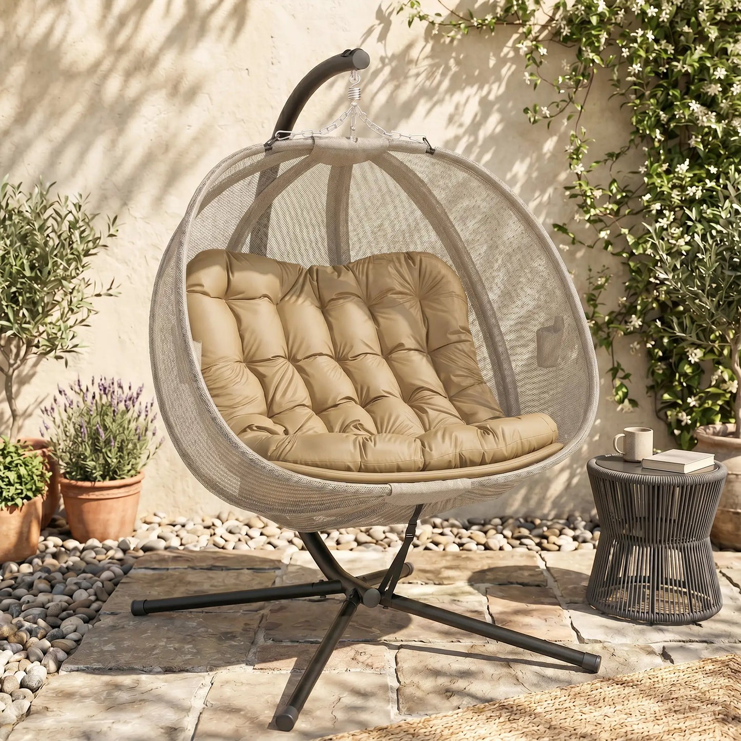 Double Egg Chair with Stand, 2 Person Hanging Swing, Khaki Patio Swings with Stand at Gallery Canada