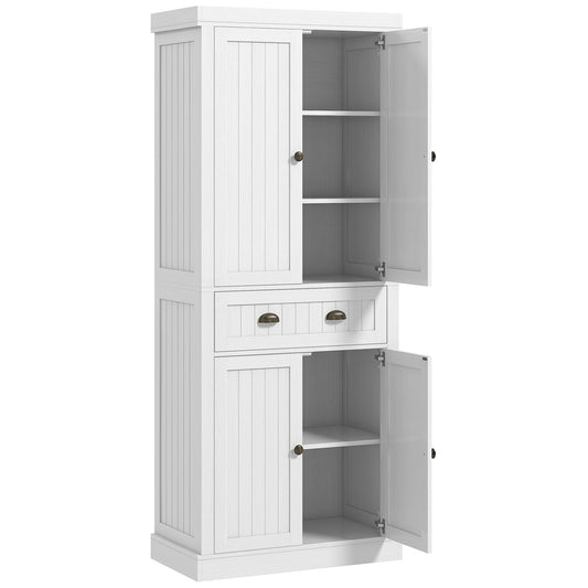 72" Kitchen Cabinet, Kitchen Pantry Cabinet with 4 Doors, 2 Adjustable Shelves and Drawer, Distressed White