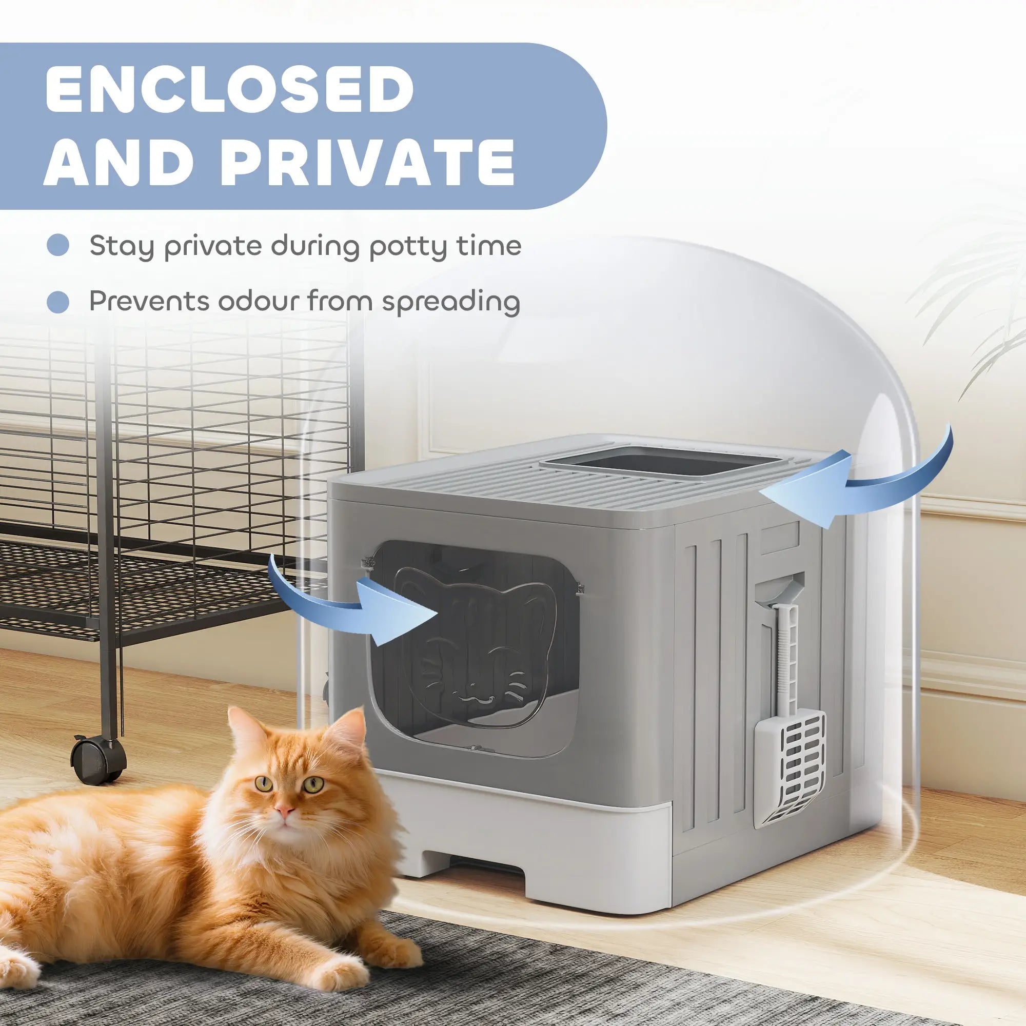 Foldable Cat Litter Box With Lid, Slide-Out Drawer, Scoop, Easy Clean, Grey Cat Litter Box Enclosures at Gallery Canada
