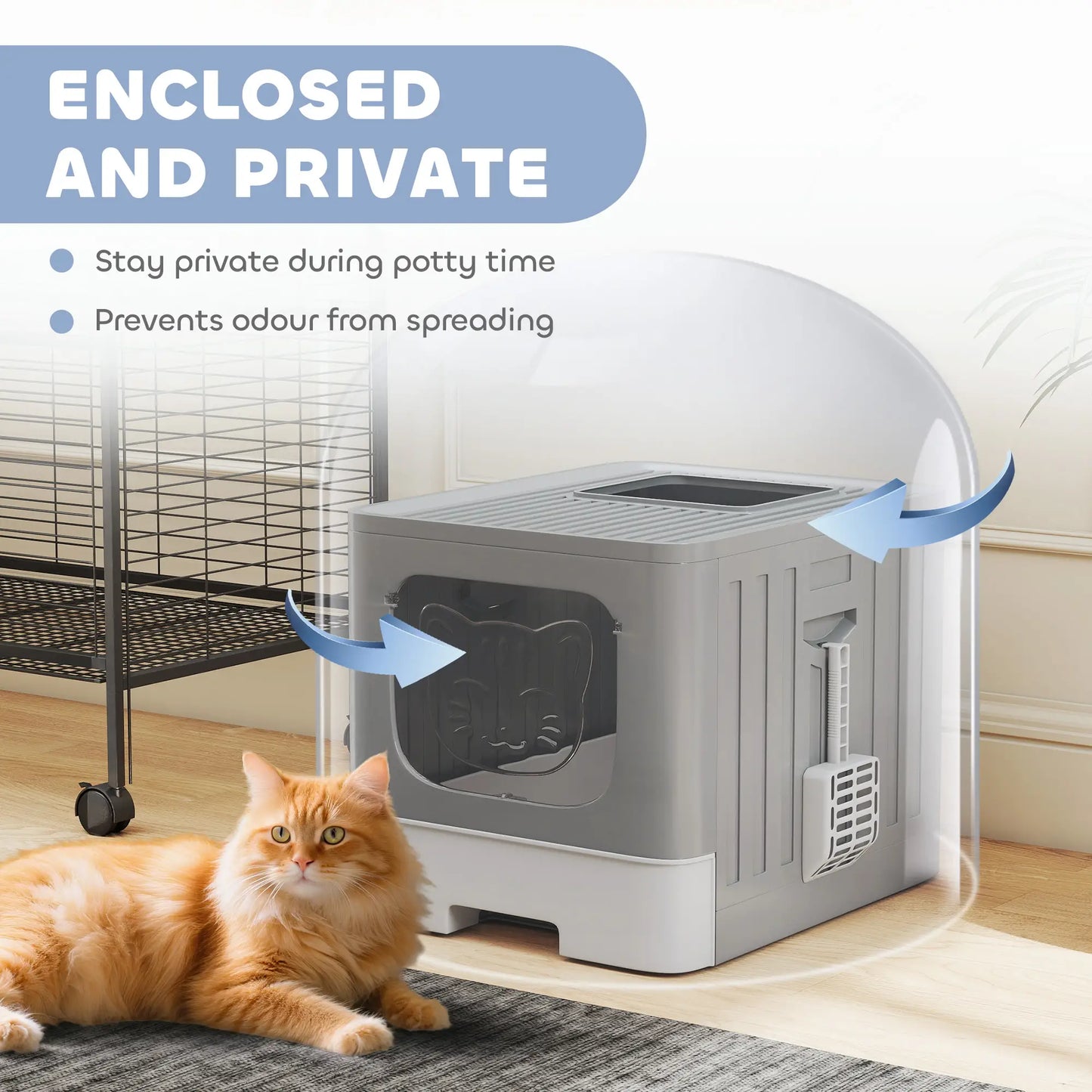 Foldable Cat Litter Box With Lid, Slide-Out Drawer, Scoop, Easy Clean, Grey Cat Litter Box Enclosures at Gallery Canada