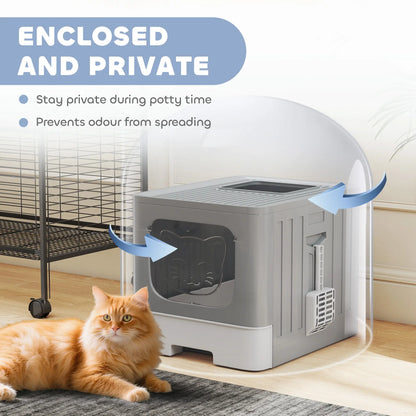 Foldable Cat Litter Box With Lid, Slide-Out Drawer, Scoop, Easy Clean, Grey Cat Litter Box Enclosures at Gallery Canada