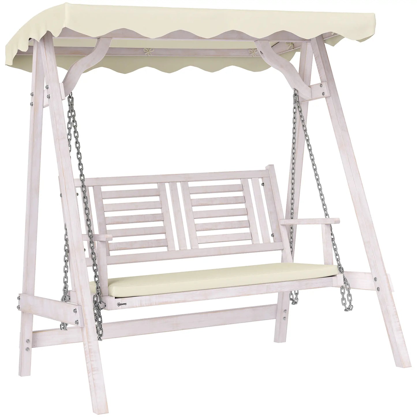 2 Seater Patio Swing with Stand, Canopy, Cushion, Wooden Bench Patio Swings with Stand Beige and White at Gallery Canada