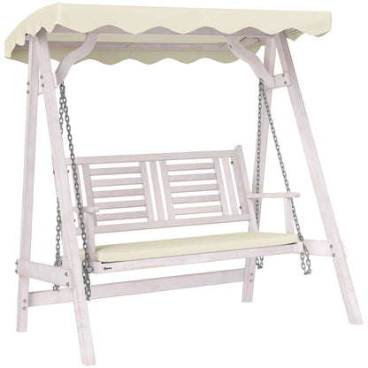 2 Seater Patio Swing with Stand, Canopy, Cushion, Wooden Bench Patio Swings with Stand Beige and White at Gallery Canada