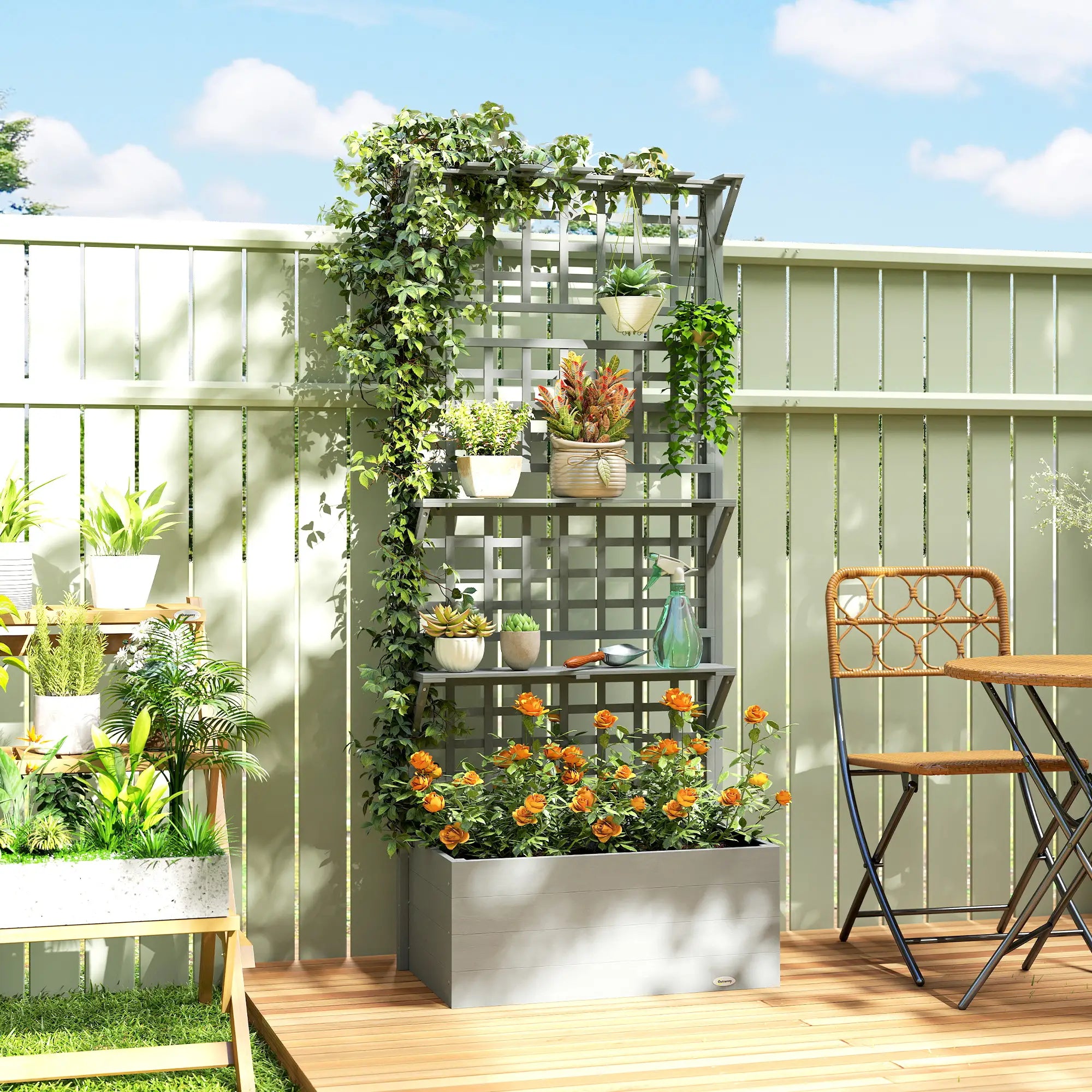 Wooden Raised Garden Bed With Trellis, Roof, 2 Shelves, Grey Wooden Planter Boxes at Gallery Canada