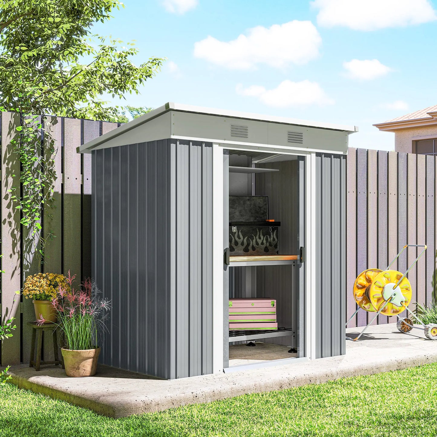 6' x 4' Metal Garden Shed, Lockable Sliding Doors, Vents, Grey