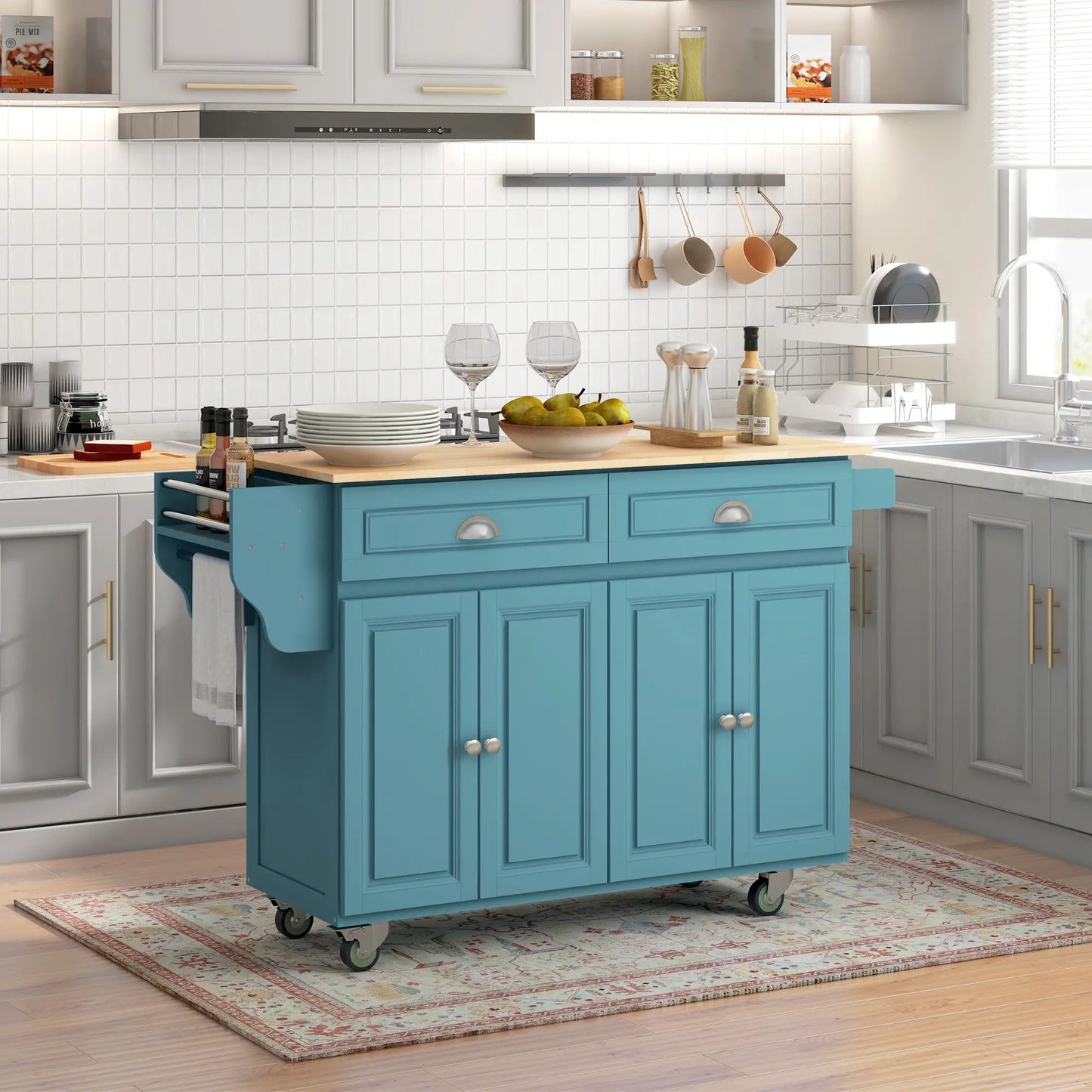 Rolling Kitchen Island with Storage, Drop Leaf, Rubber Wood Top, Light Blue Kitchen Islands & Kitchen Carts at Gallery Canada