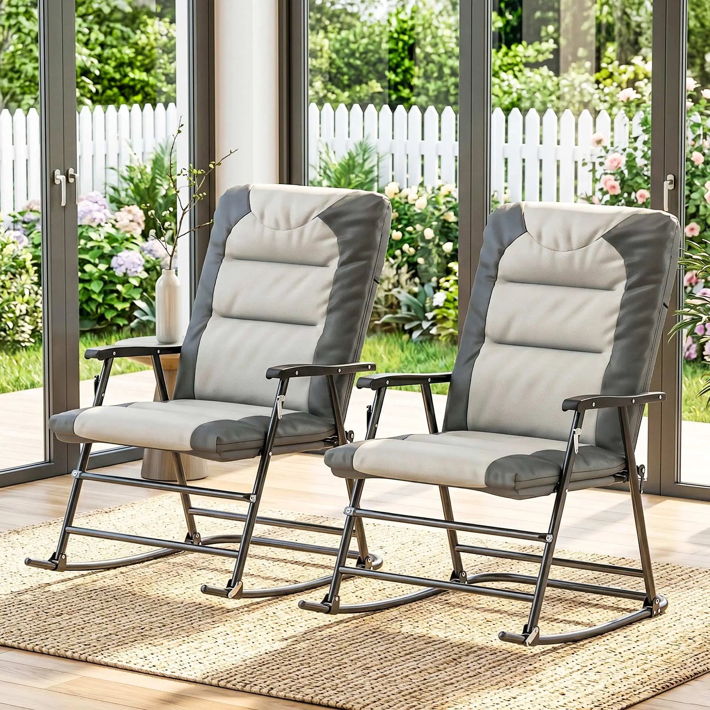 Folding Rocking Chair Set, 2 Padded Rockers with Armrest, Light Grey Outdoor Rocking Chairs at Gallery Canada