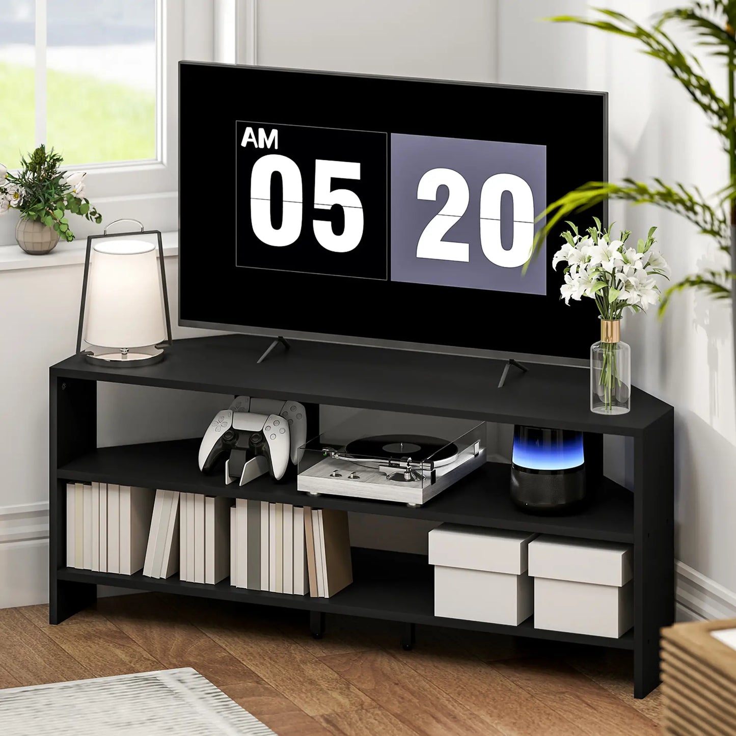 Corner TV Stand, 47 Inch, Modern Table With 2 Shelves, Black TV Stands at Gallery Canada