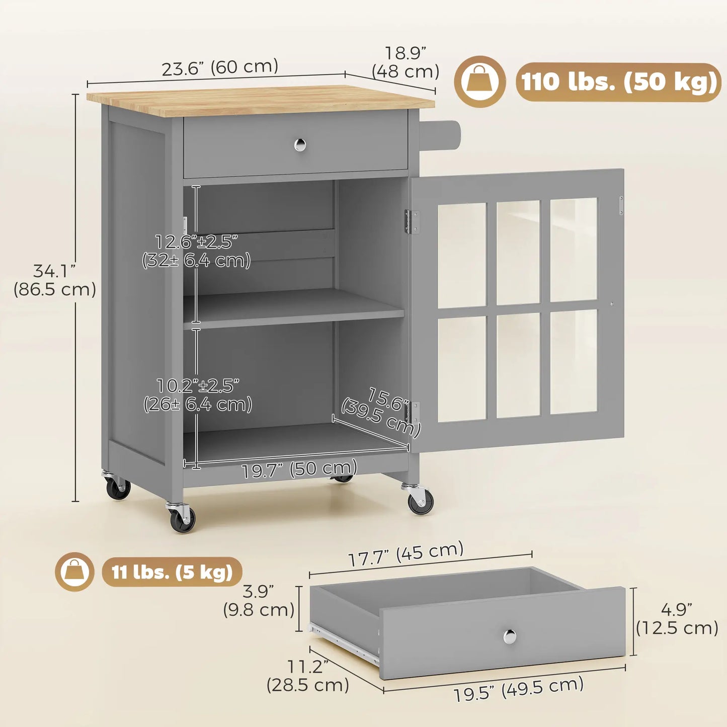Rolling Kitchen Cart with Drawer and Glass Door Cabinet, Kitchen Island on Wheels with Towel Rack, Dark Grey Kitchen Islands & Kitchen Carts at Gallery Canada